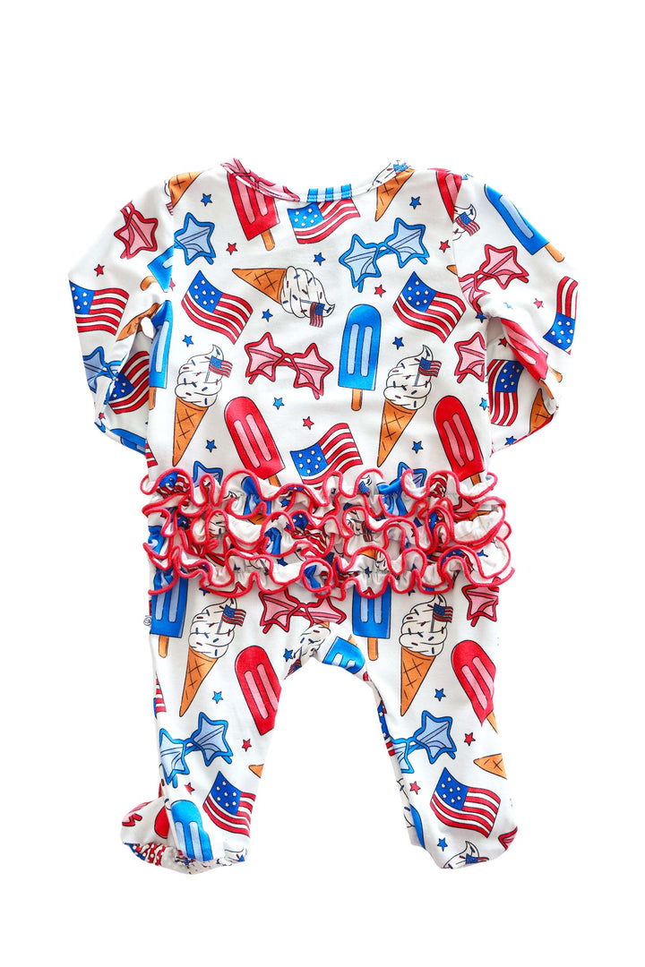 caden lane red white and cool ruffle footie - flags and ice cream patriotic bamboo baby pajamas