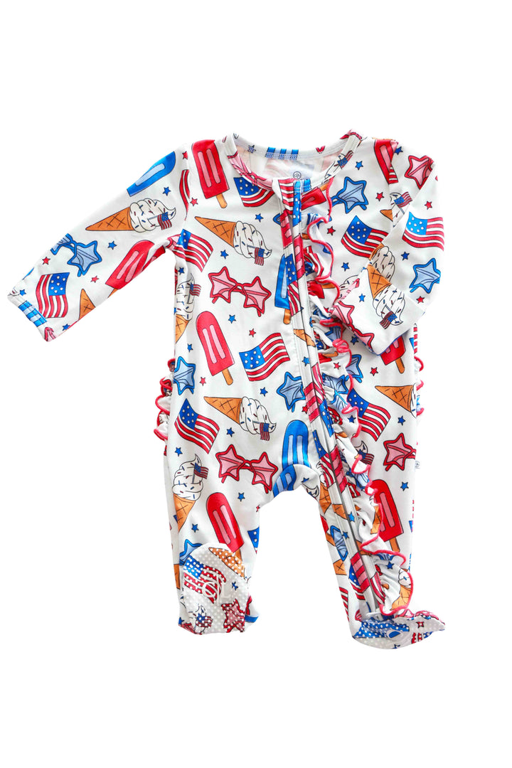 caden lane patriotic ruffle zipper footie in red white and cool - 4th of july bamboo infant sleeper