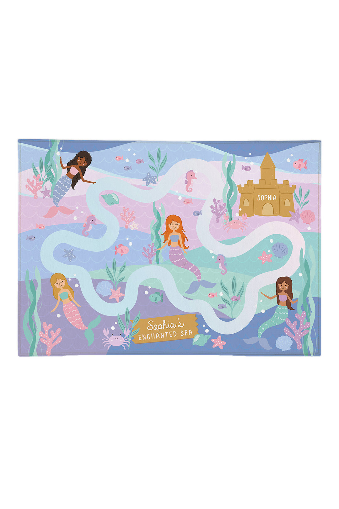Caden Lane personalized 5x7 mermaid play rug with mermaids, sea life and a sandcastle, reading "Sophia's Enchanted Sea"