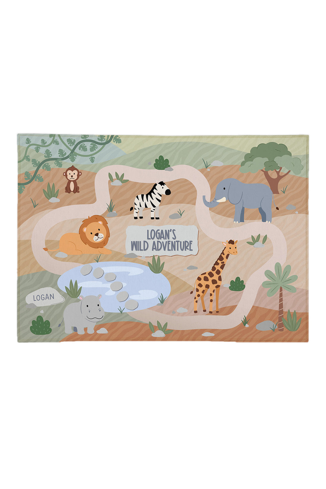 Caden Lane personalized 5x7 safari play rug with a lion, elephant, giraffe and winding path, reading "Logan's Wild Adventure"