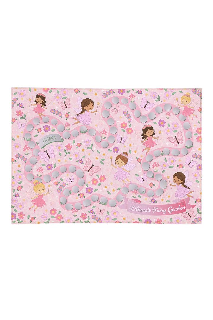 Caden Lane personalized 5x7 fairy play rug with fairies, butterflies and a stone path, reading "Liliana's Fairy Garden"
