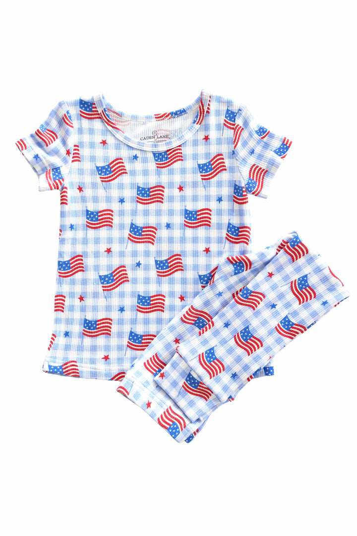 bamboo waffle red two piece pajama set - star spangled picnic - 4th of july gingham