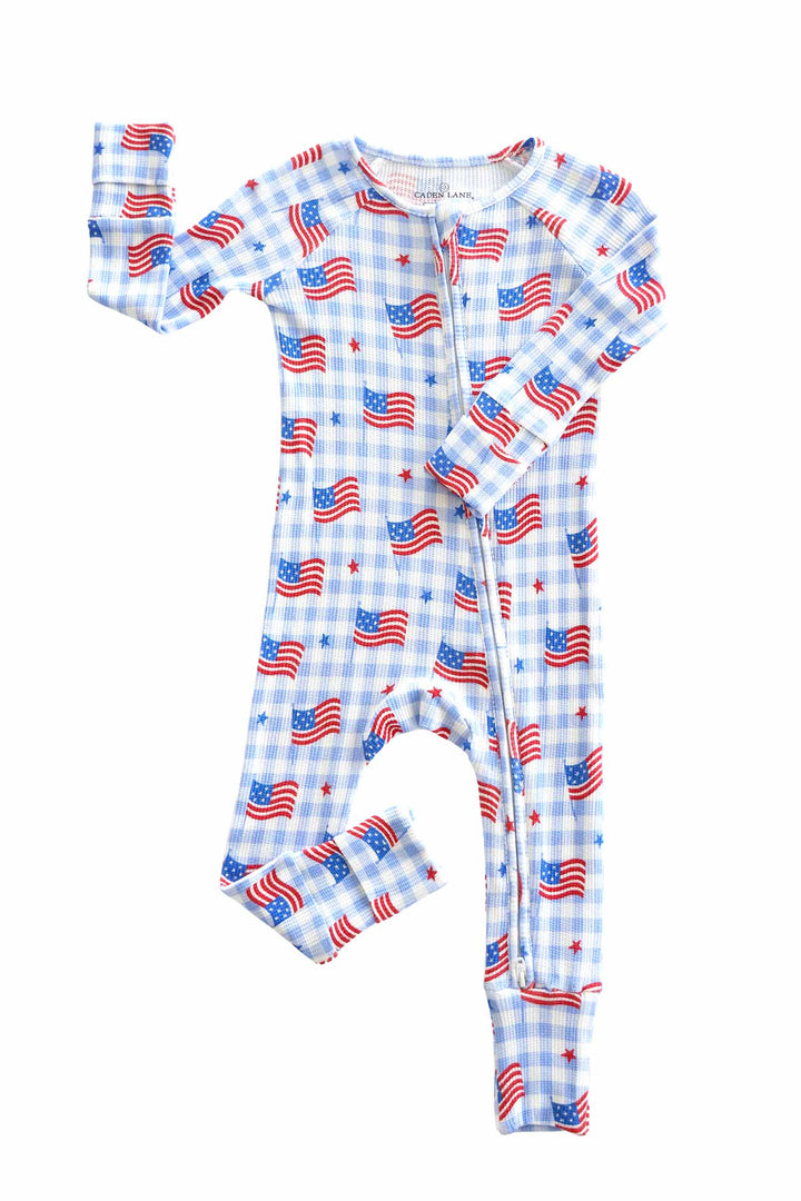 bamboo waffle red convertible zip romper - star spangled picnic - 4th of july gingham
