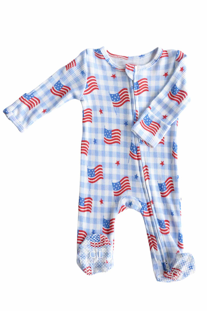 bamboo waffle red zipper footie - star spangled picnic - 4th of july gingham