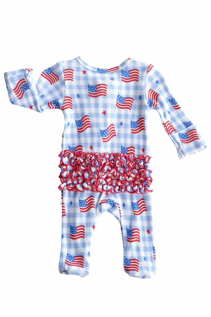 back view of bamboo waffle red ruffle zipper footie - star spangled picnic