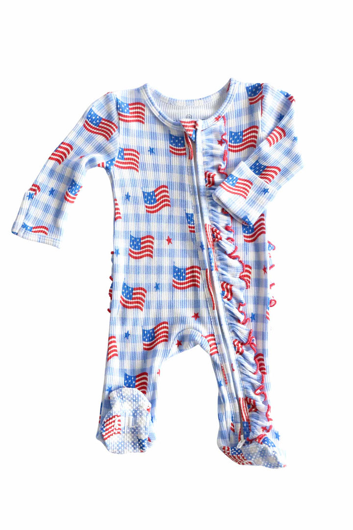 bamboo waffle red ruffle zipper footie - star spangled picnic - 4th of july gingham