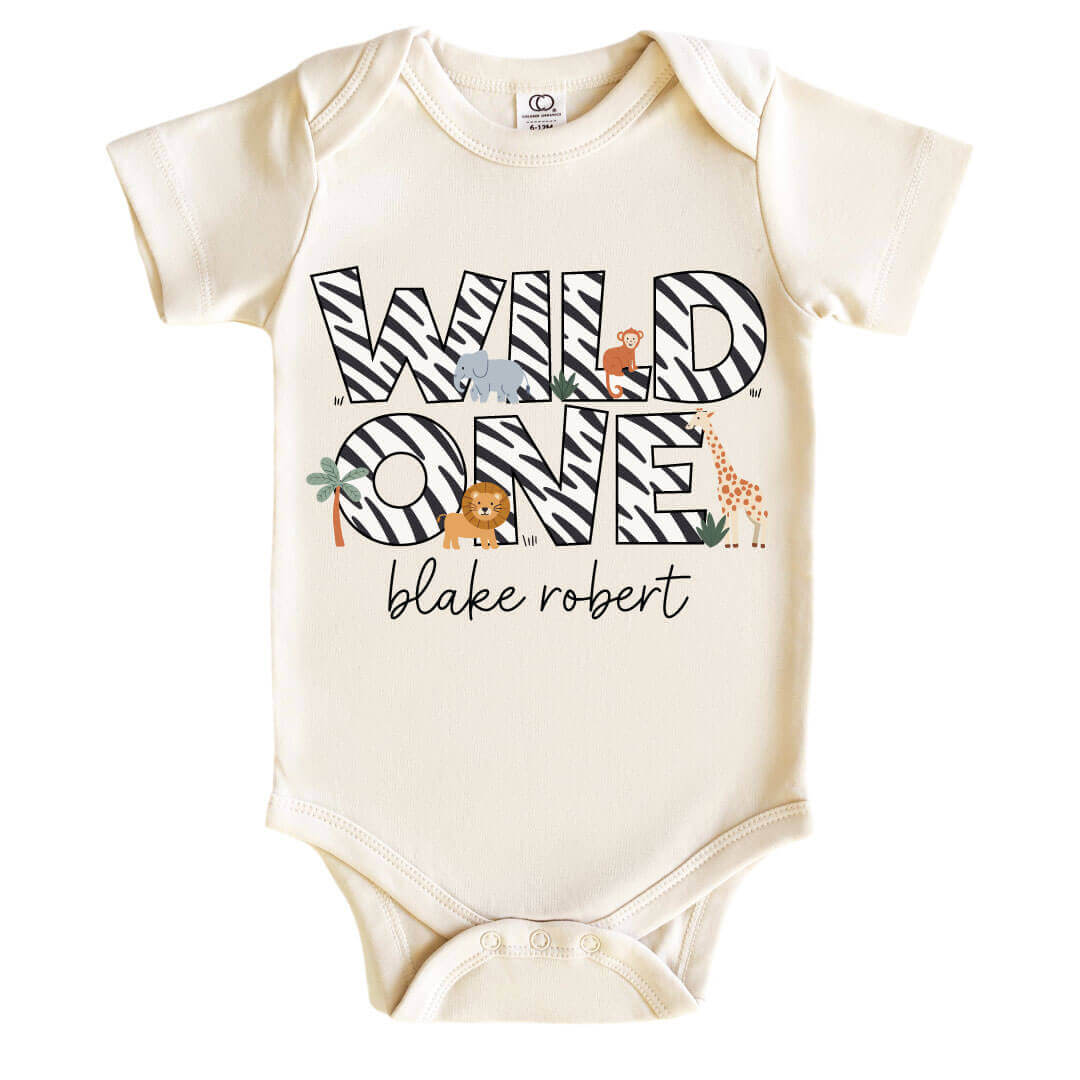 wild one personalized graphic bodysuit for babies made of airlume cotton
