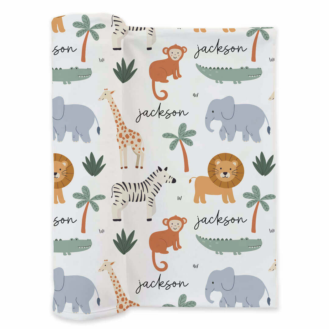 lion, zebra, elephant and crocodile personalized swaddle blanket for babies 