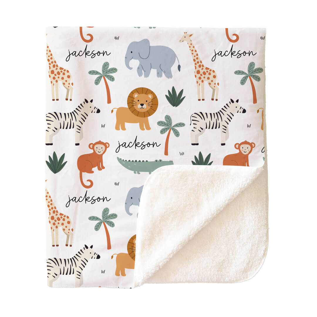 safari snuggles personalized kids Sherpa blanket flat lay