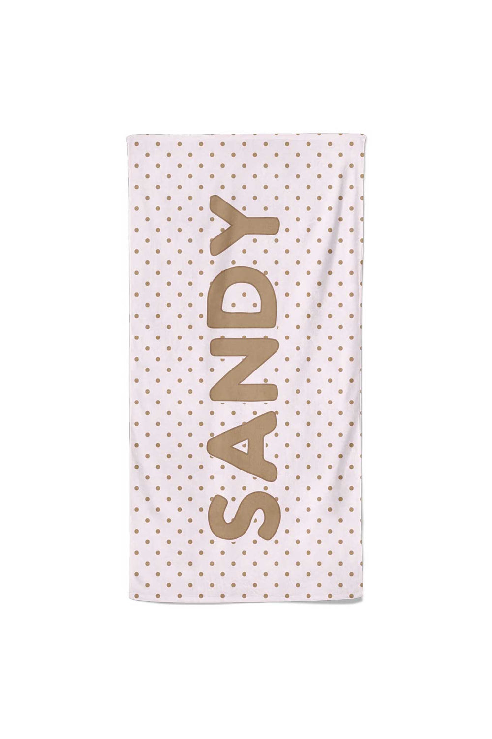 white personalized beach towel with brown polka dots 