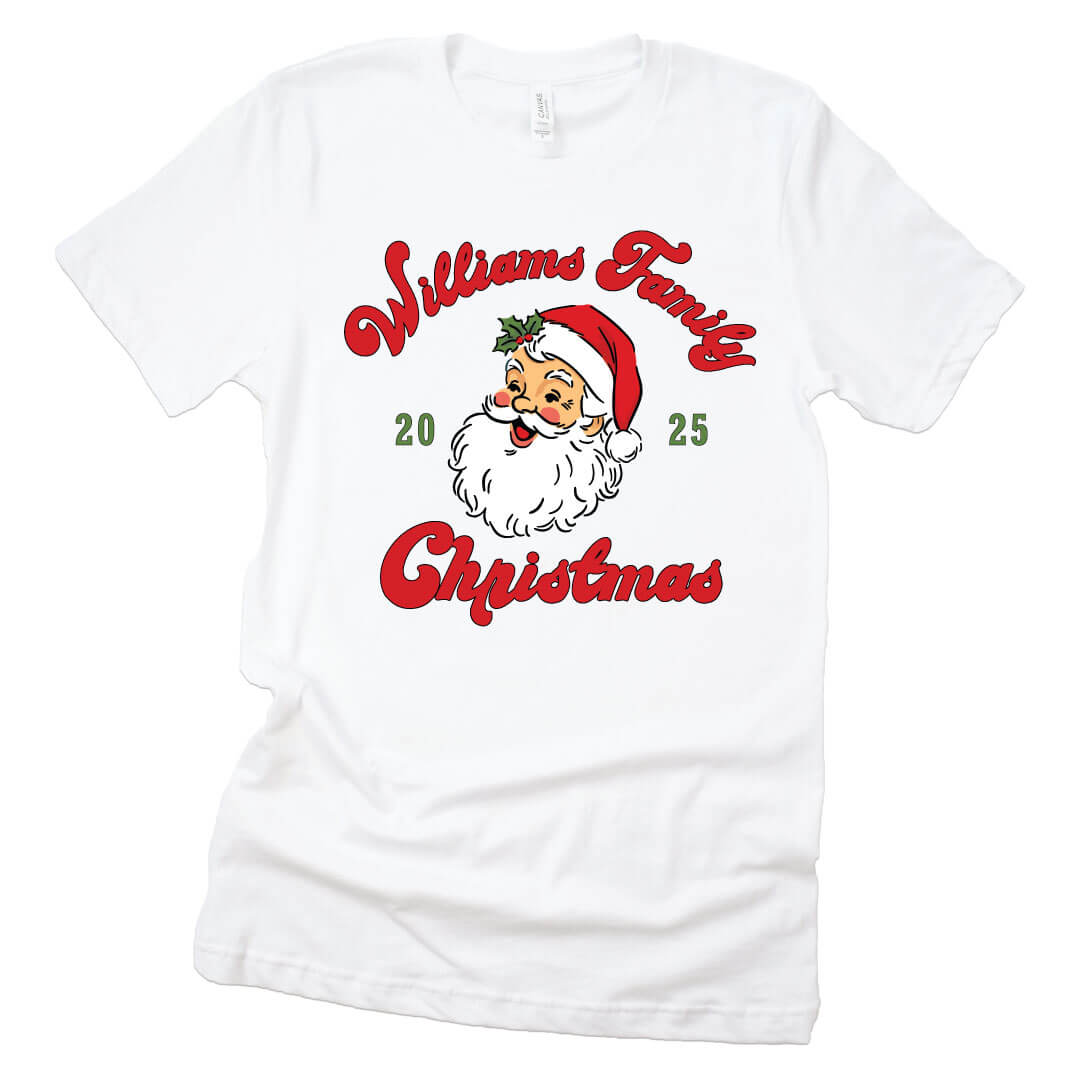 Santa Family Christmas Personalized Adult Graphic Tee in White flat lay