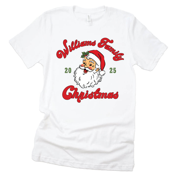 Santa Family Christmas Personalized Adult Graphic Tee in White flat lay