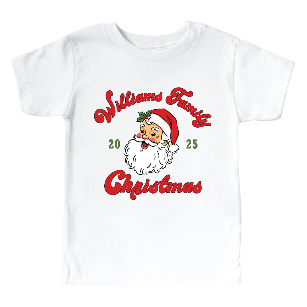 Flat lay of Personalized Santa Family Christmas Graphic Kids Tee | White 