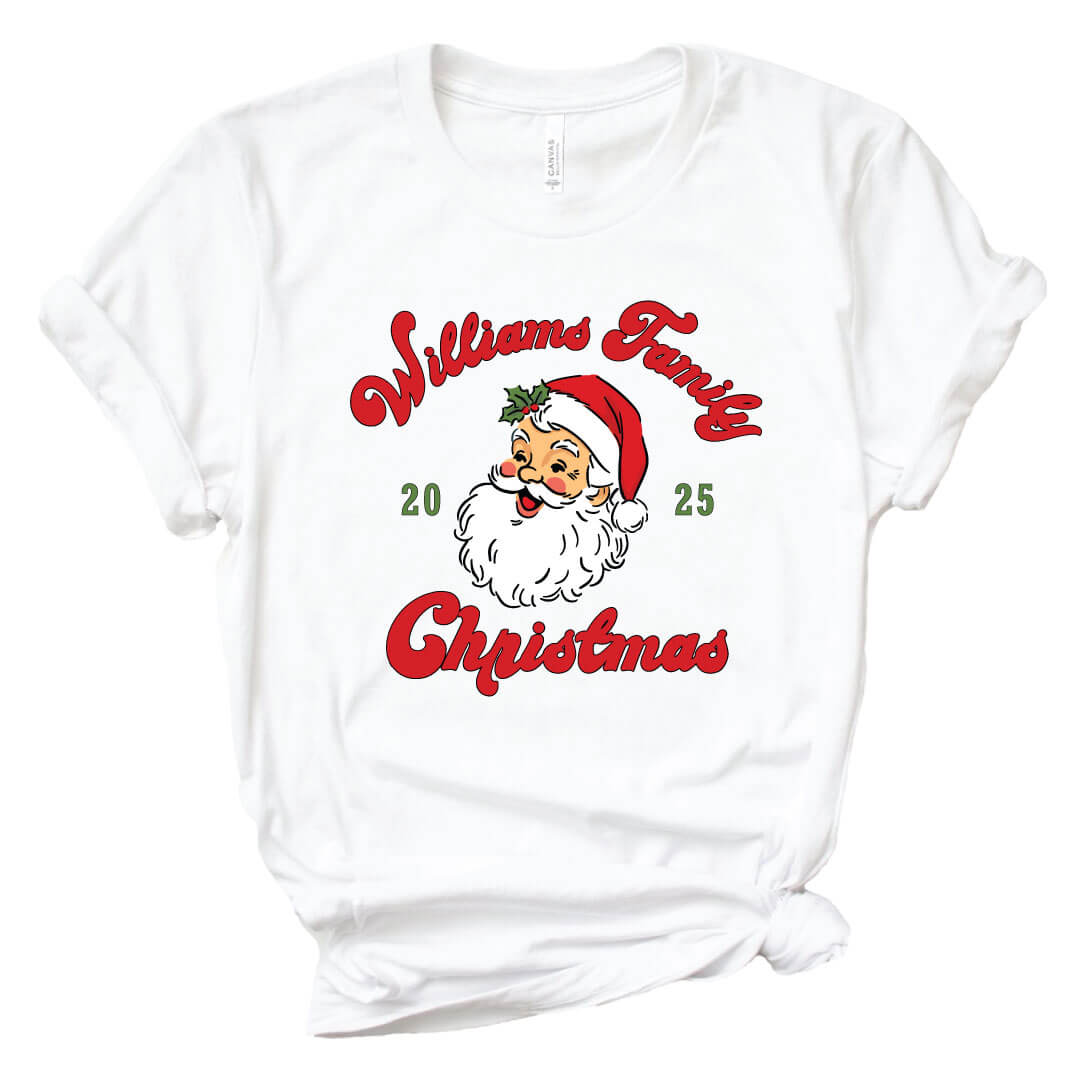 Santa Family Christmas Personalized Adult Graphic Tee in White flat lay