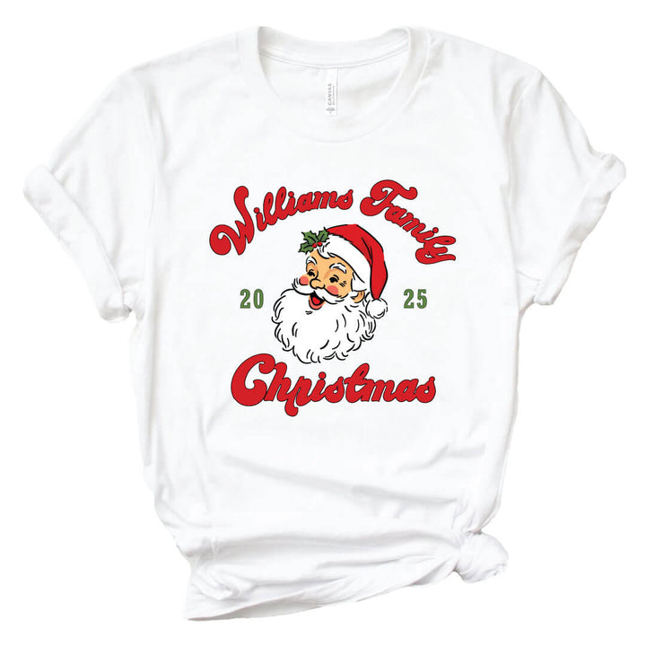 Santa Family Christmas Personalized Adult Graphic Tee in White flat lay