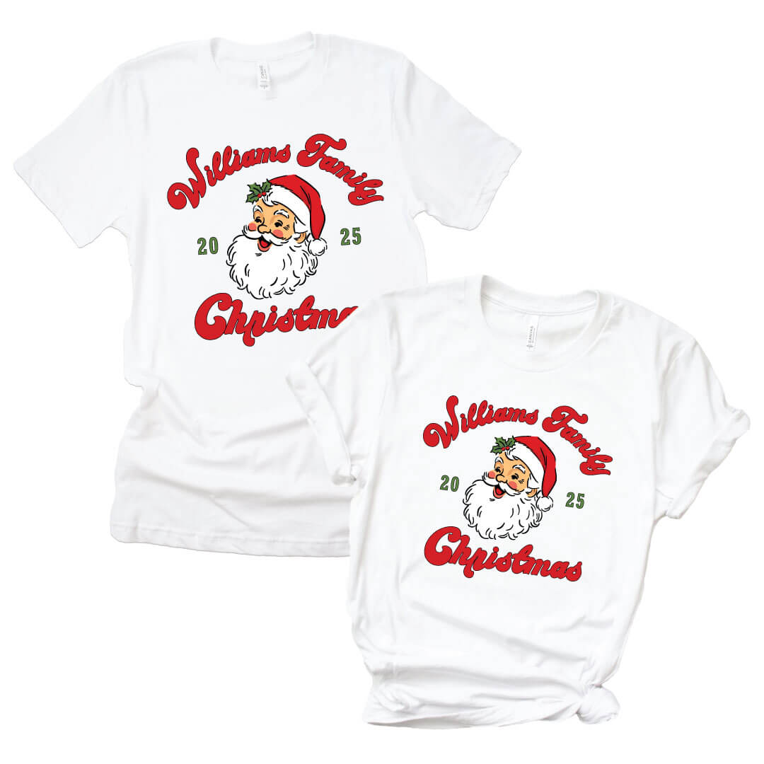 Santa Family Christmas Personalized Adult Graphic Tee in White flat lay