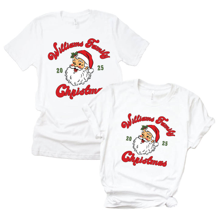 Santa Family Christmas Personalized Adult Graphic Tee in White flat lay