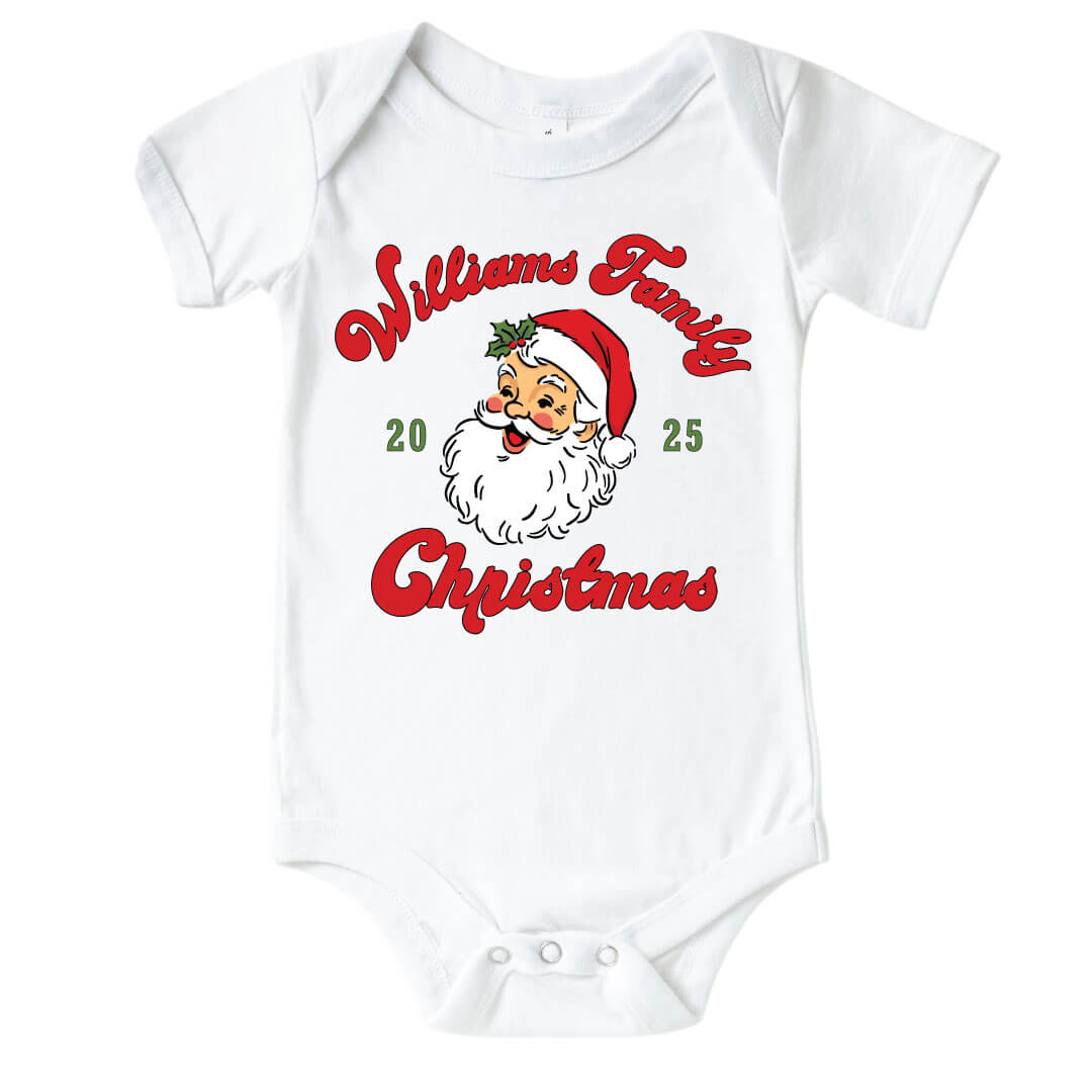 Flat lay of Personalized Santa Family Christmas Graphic Bodysuit | White 