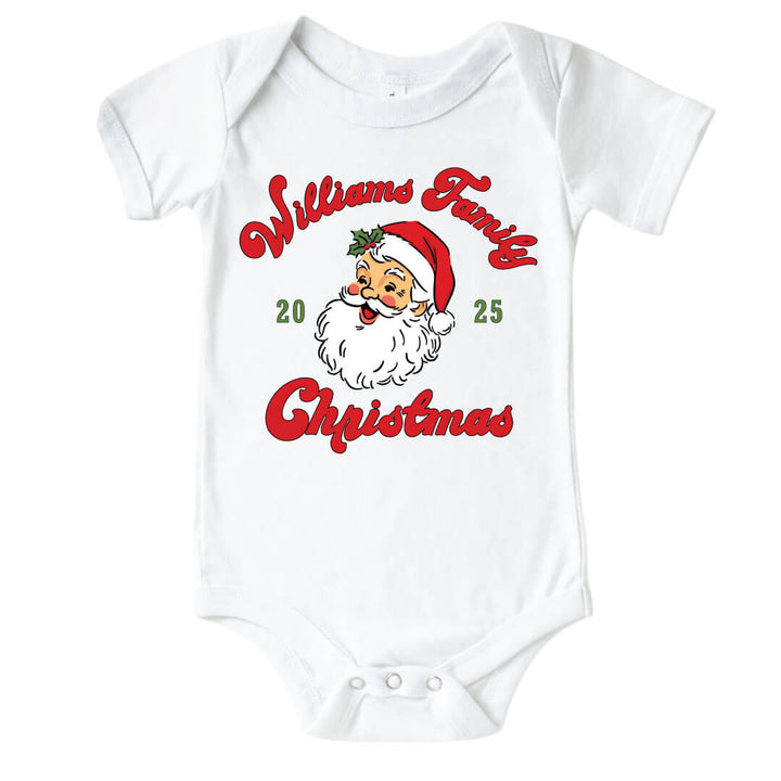 Flat lay of Personalized Santa Family Christmas Graphic Bodysuit | White 