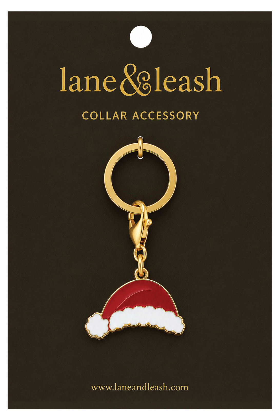 Lane & Leash Santa hat charm collar accessory on branded packaging card, gold ring with lobster clasp and enamel red-and-white Santa hat charm