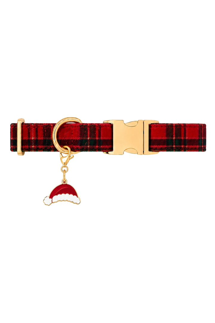 Lane & Leash red plaid collar with gold buckle and enamel Santa hat charm.