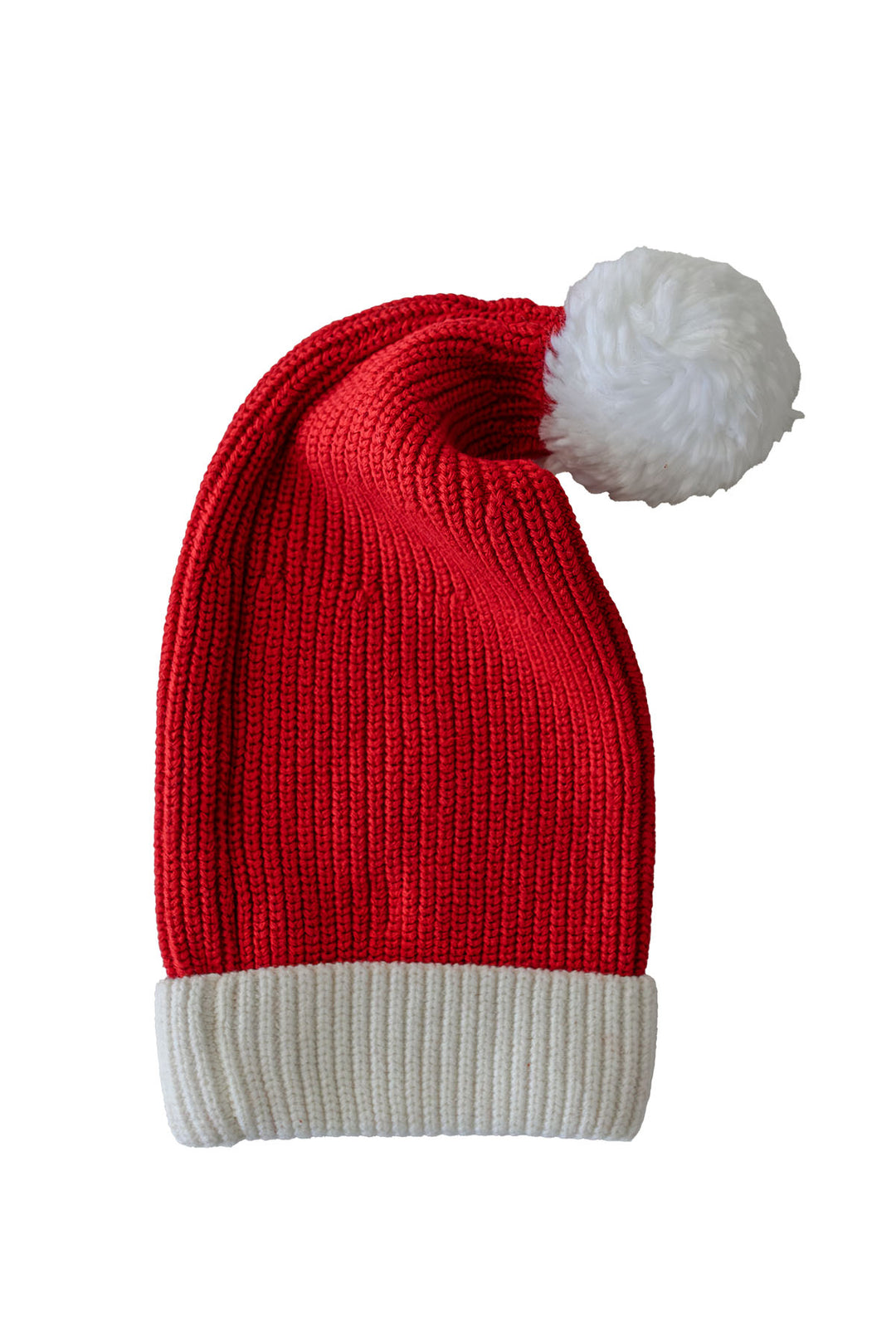 Caden Lane red and white knit Santa hat for babies featuring a soft ribbed knit design, fold-over white cuff, and fluffy white pom-pom, perfect for baby's first Christmas, holiday photos, and festive outfits.