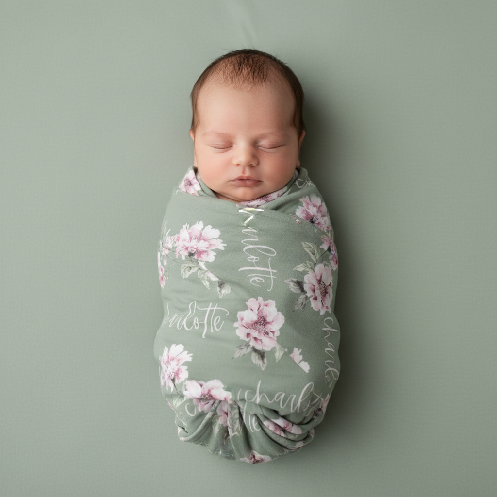 Saylor's Sage & Blush Floral Personalized Baby Name Swaddle