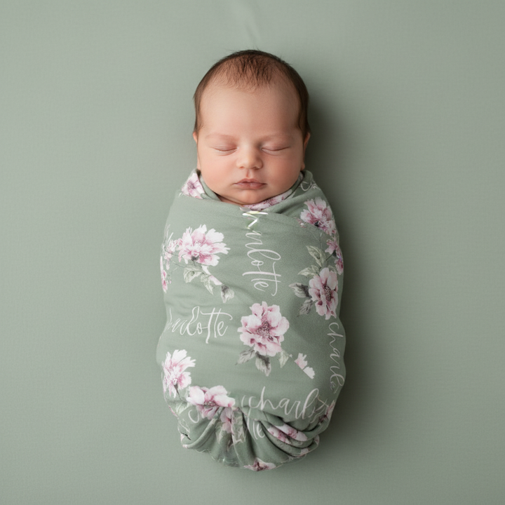 Saylor's Sage & Blush Floral Personalized Baby Name Swaddle