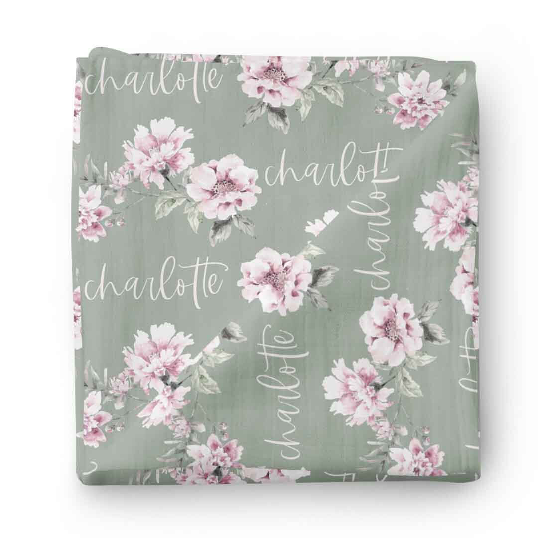 pink and green floral personalized baby name swaddle blanket 