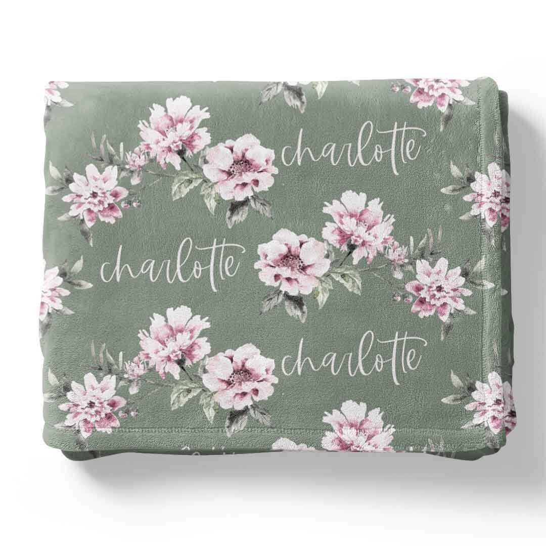 sage and blush floral personalized toddler blanket 