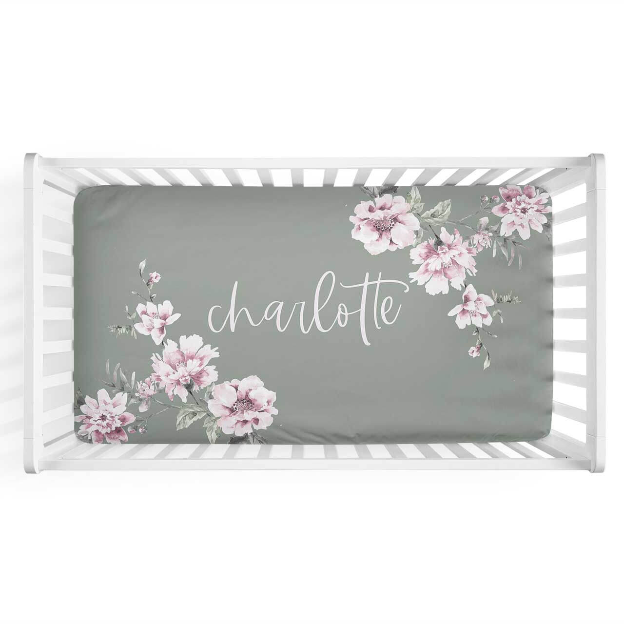 sage and blush floral personalized crib sheet 