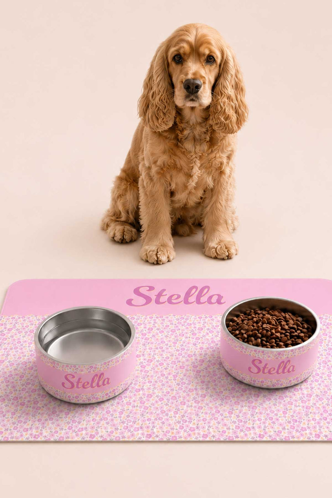 scattered blooms pet bowls with placemat and cocker spaniel