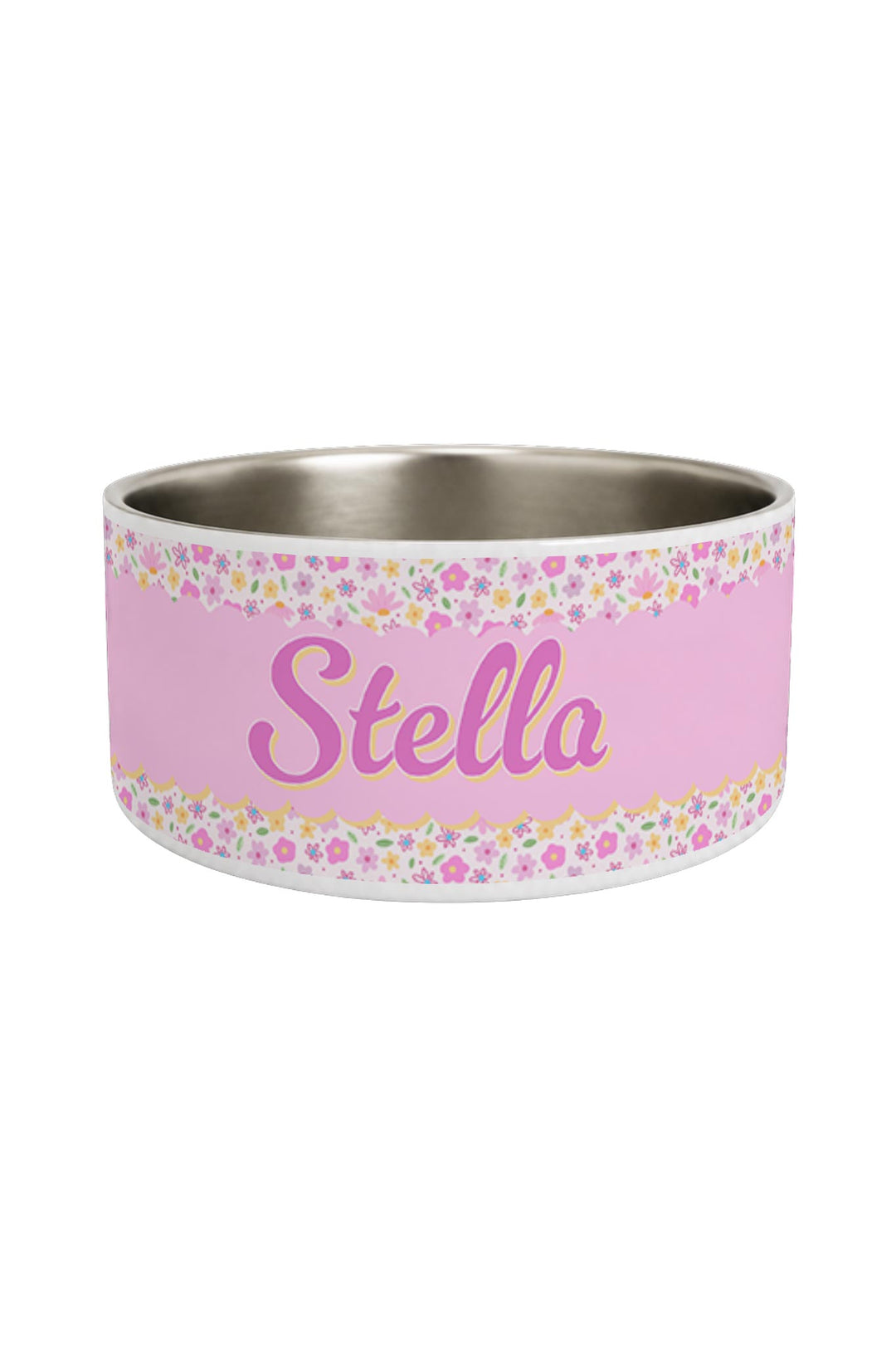 Stainless steel personalized pet bowl with Scattered Blooms pink floral print wrap and pet name in pink script lettering