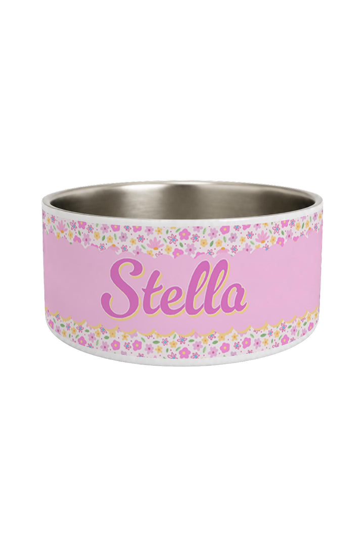 Stainless steel personalized pet bowl with Scattered Blooms pink floral print wrap and pet name in pink script lettering