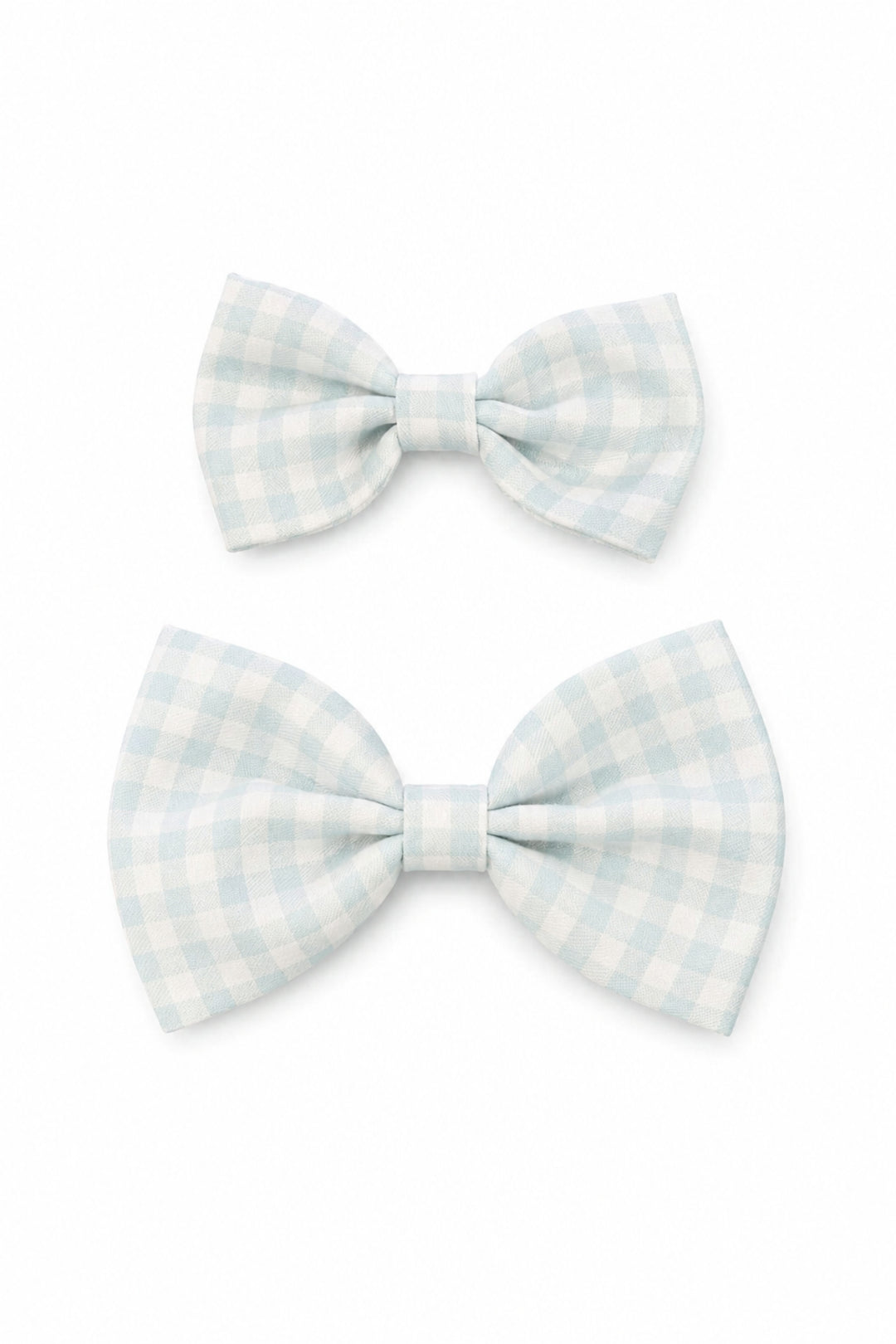Two matching Lane & Leash bow ties with a light blue and white gingham check pattern, displayed vertically on a clean white background.