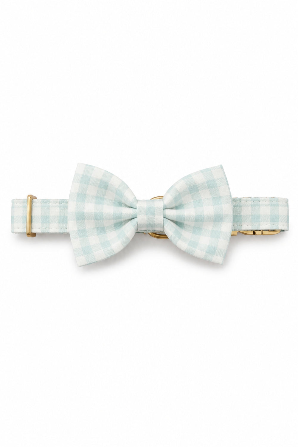 A Lane & Leash light blue and white gingham bow tie with gold-tone metal hardware, displayed horizontally on a clean white background.
