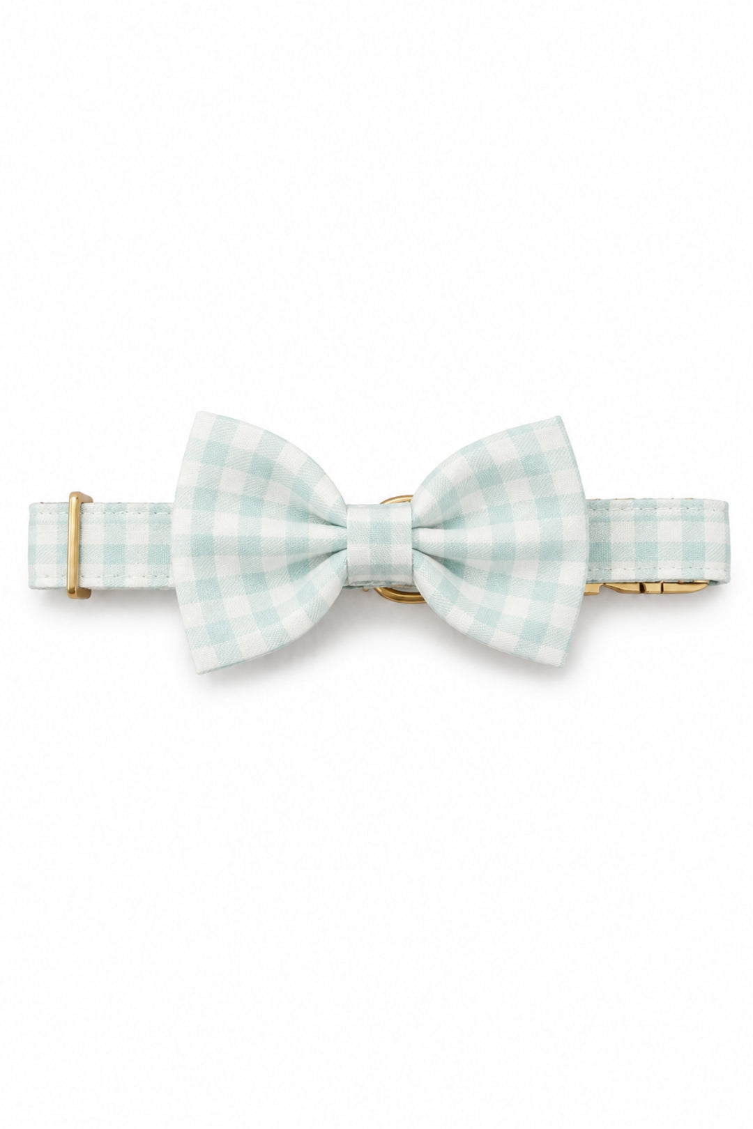 A Lane & Leash light blue and white gingham bow tie with gold-tone metal hardware, displayed horizontally on a clean white background.