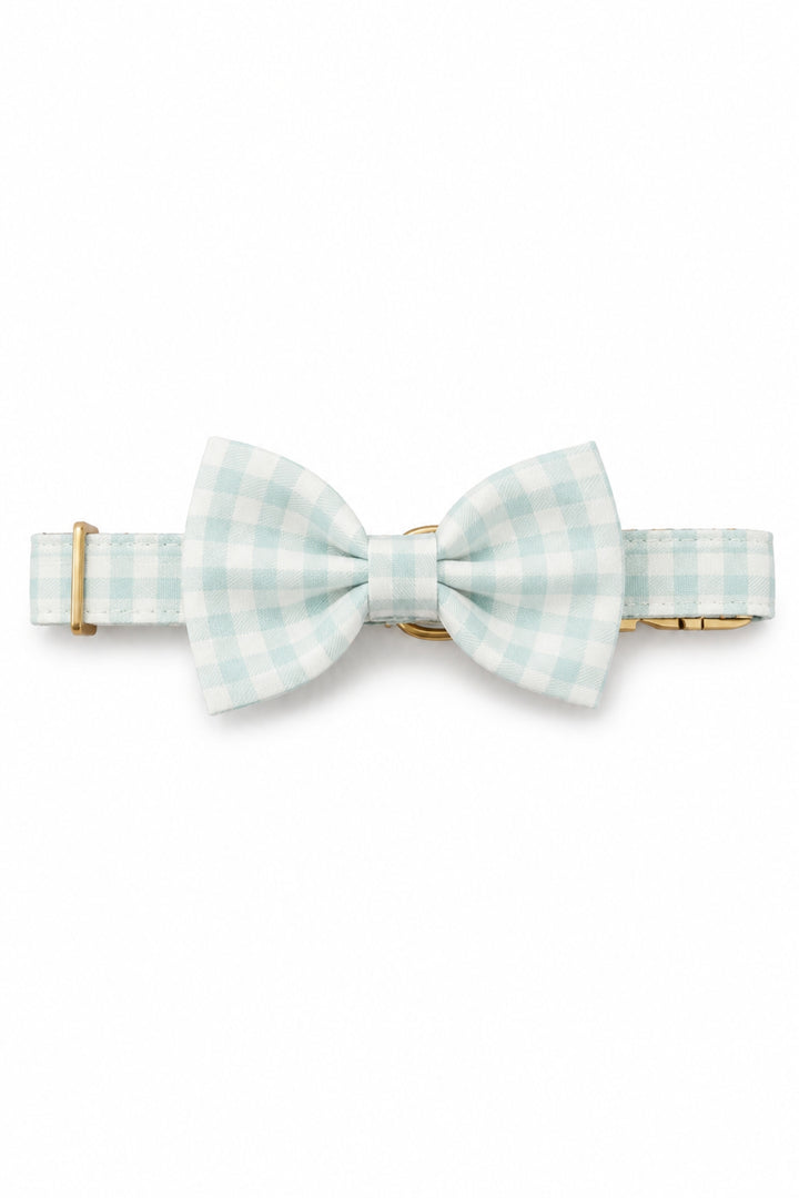 A Lane & Leash light blue and white gingham bow tie with gold-tone metal hardware, displayed horizontally on a clean white background.