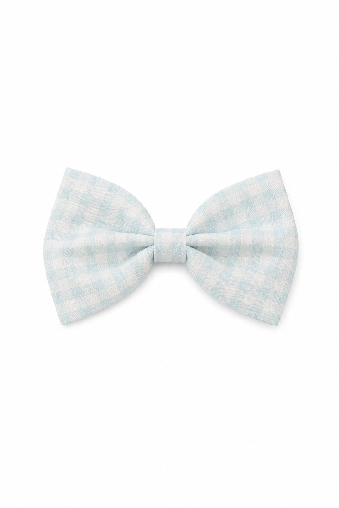 A Lane & Leash light blue and white gingham dog bow tie on a solid white background.