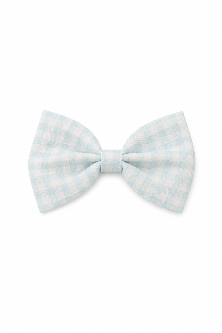 A Lane & Leash light blue and white gingham dog bow tie on a solid white background.
