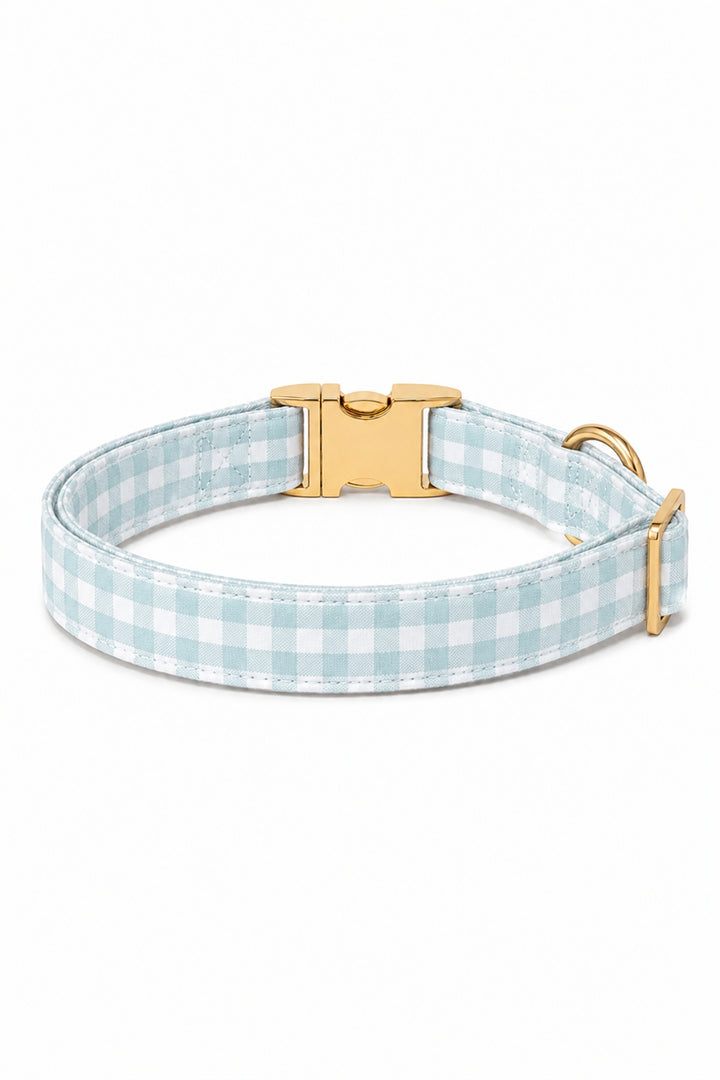 A Lane & Leash light blue and white gingham check dog collar with a gold-tone buckle and D-ring, shown on a clean white background.