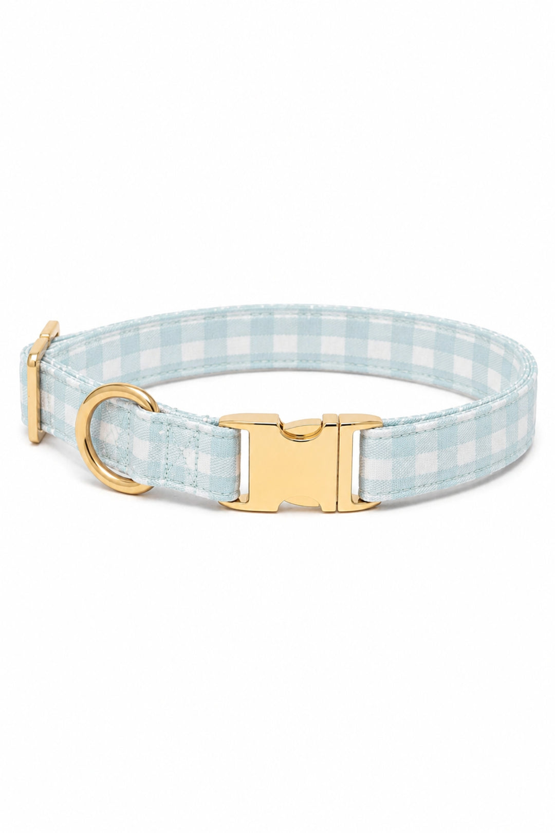 A Lane & Leash light blue and white gingham check dog collar with gold-tone hardware, including a buckle, D-ring, and adjustment slider, shown on a plain white background.