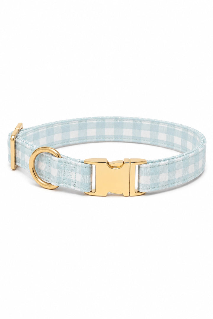 A Lane & Leash light blue and white gingham check dog collar with gold-tone hardware, including a buckle, D-ring, and adjustment slider, shown on a plain white background.