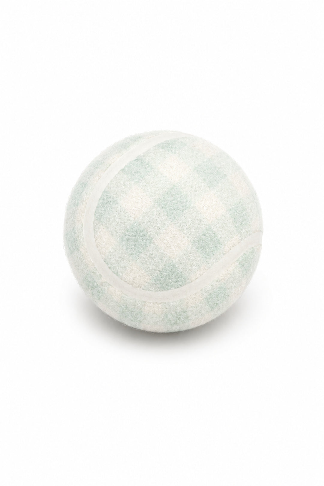 A textured Lane & Leash dog tennis ball with a white and pale mint green gingham checkered pattern, photographed on a seamless white background.