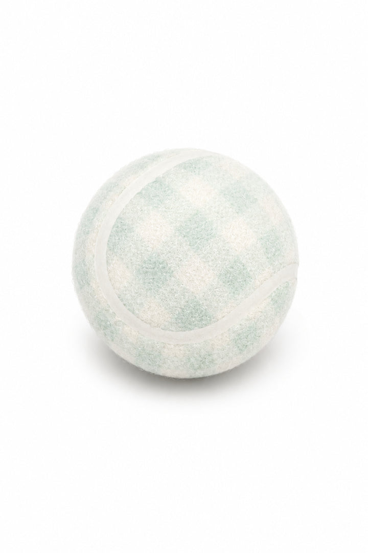 A textured Lane & Leash dog tennis ball with a white and pale mint green gingham checkered pattern, photographed on a seamless white background.