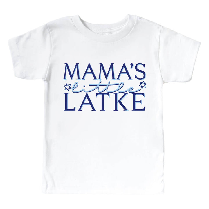 hanukkah graphic tee for kids that says mama's little latke