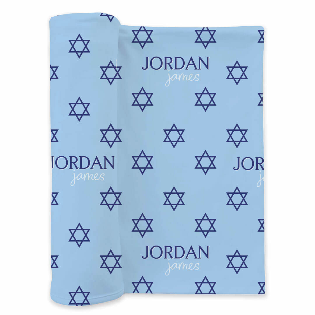 light blue personalized swaddle blanket with navy stars of david 