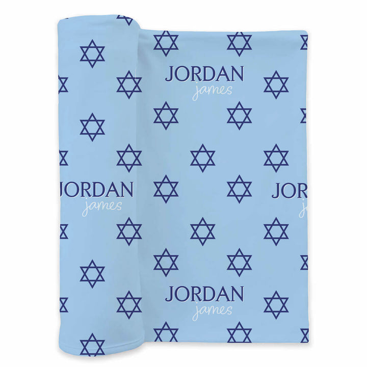 light blue personalized swaddle blanket with navy stars of david 