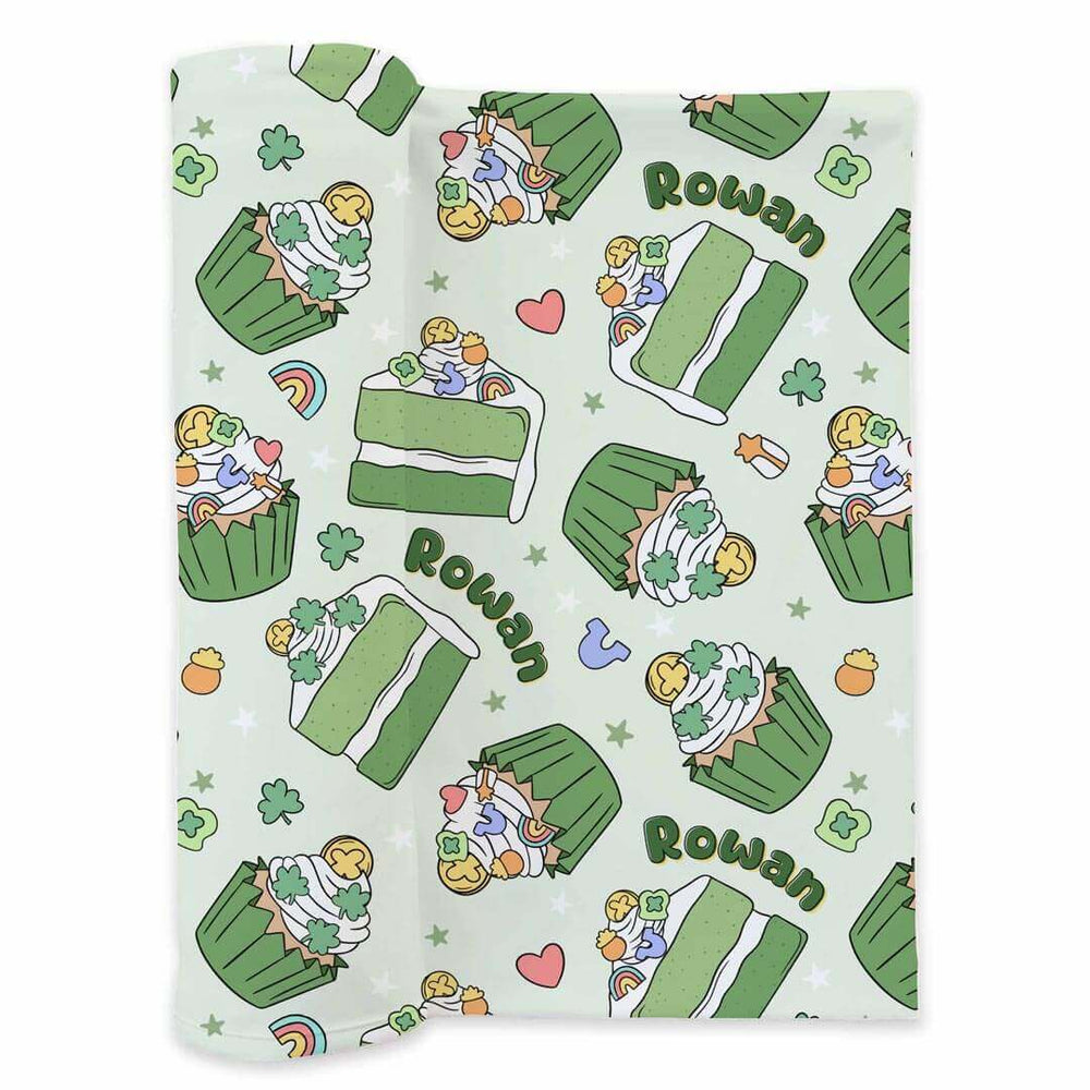 green cake and cupcake personalized newborn swaddle blanket 