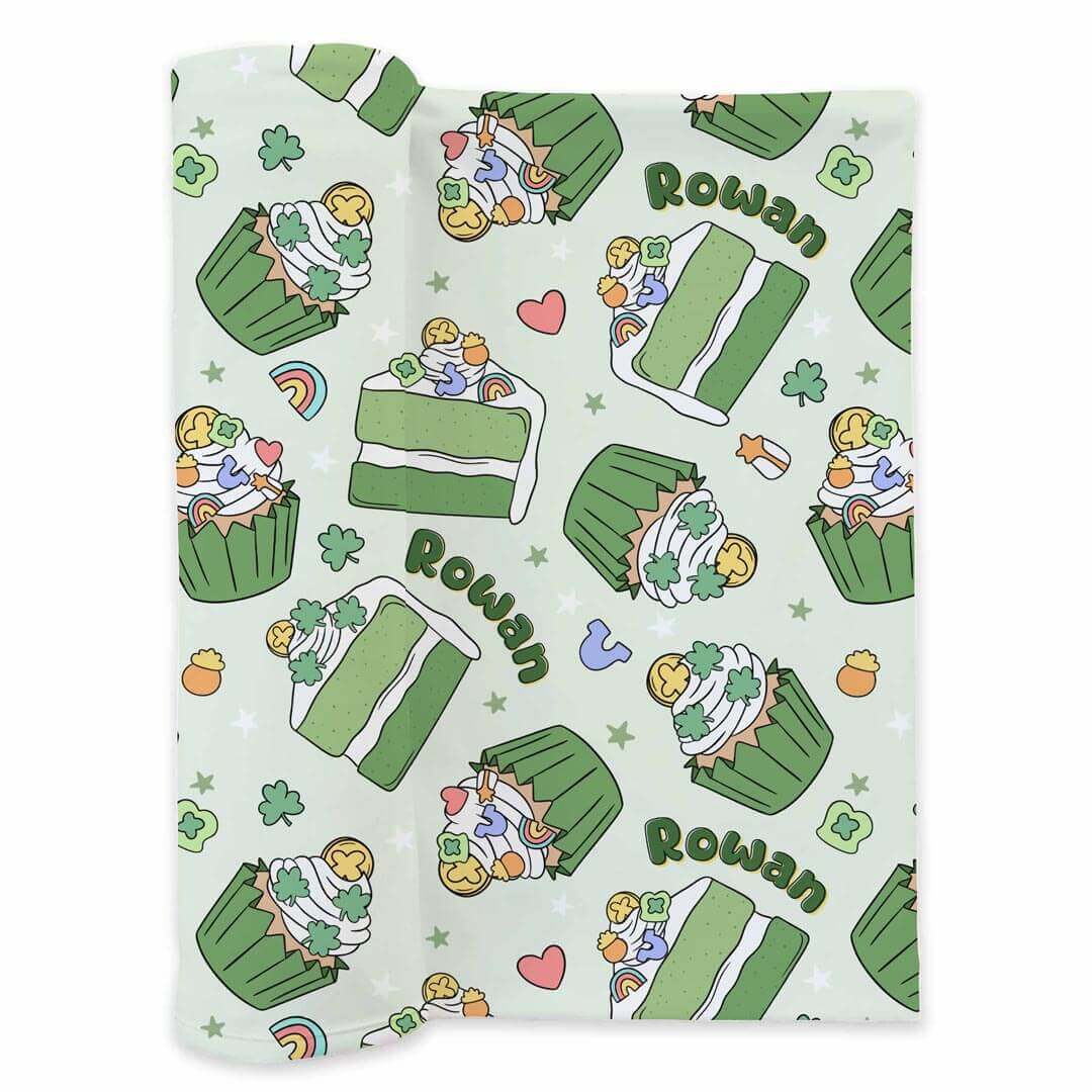green cake and cupcake personalized newborn swaddle blanket 